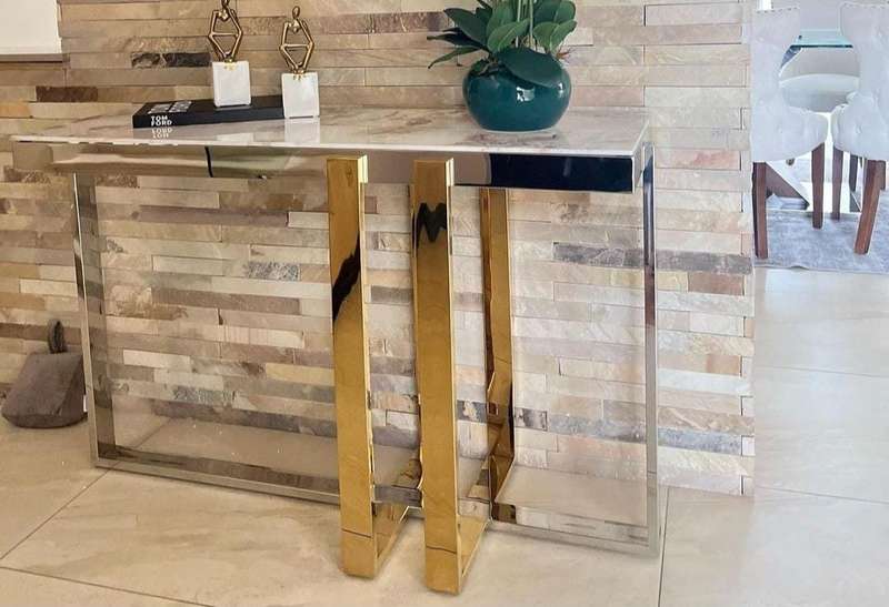 Modern plated metal and glass console table