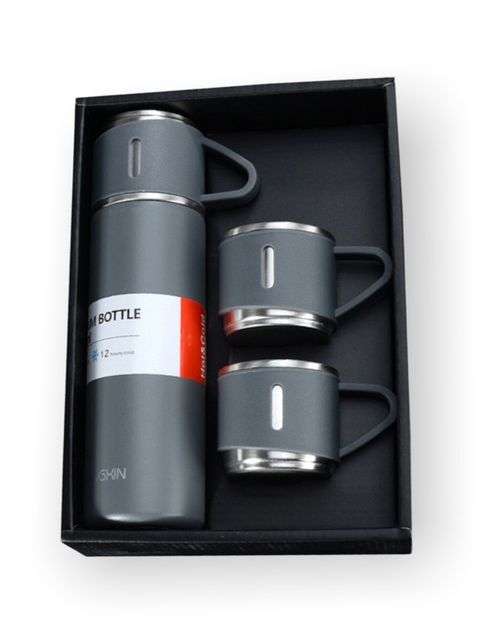500ml Vacuum Thermos Flask With 3 Cups Set - Grey