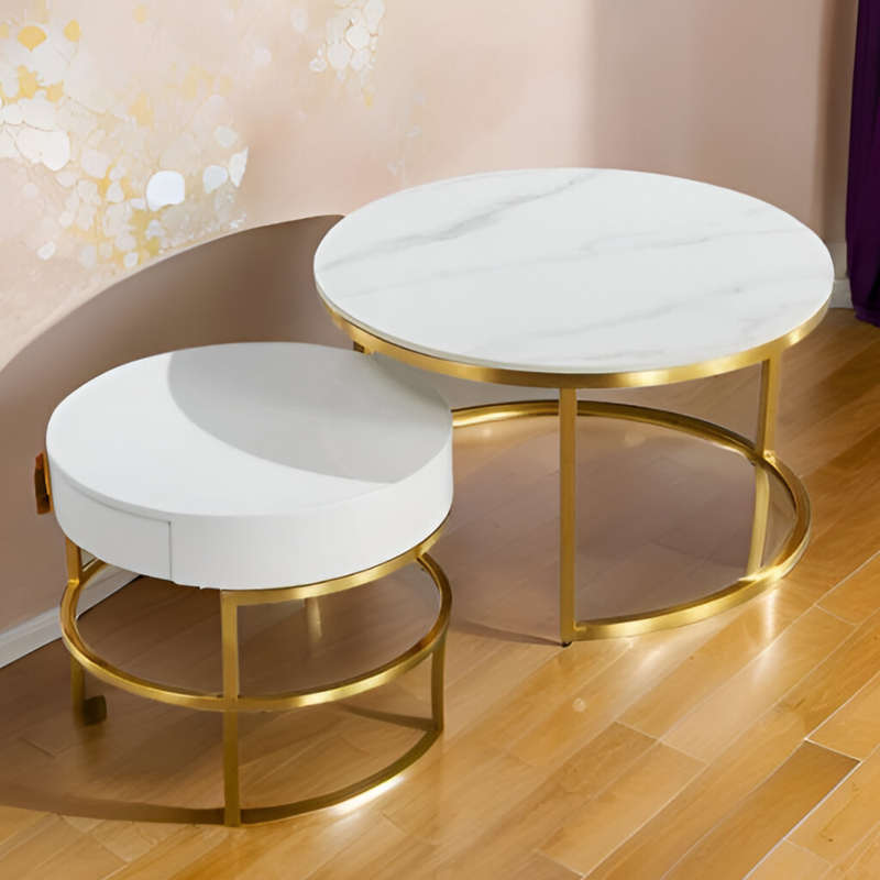 Modern Nesting Round End Coffee Table and Table with Drawer
