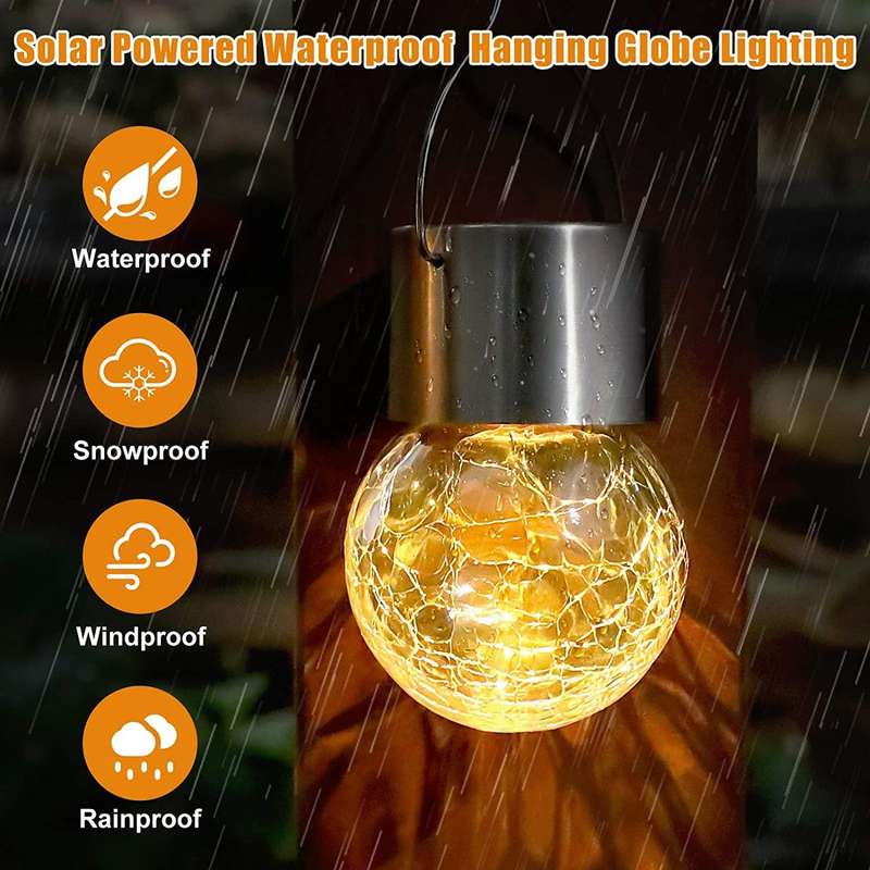 Set of 4 Outdoor Hanging Solar Lights,Cracked Glass Solar LED Lights
