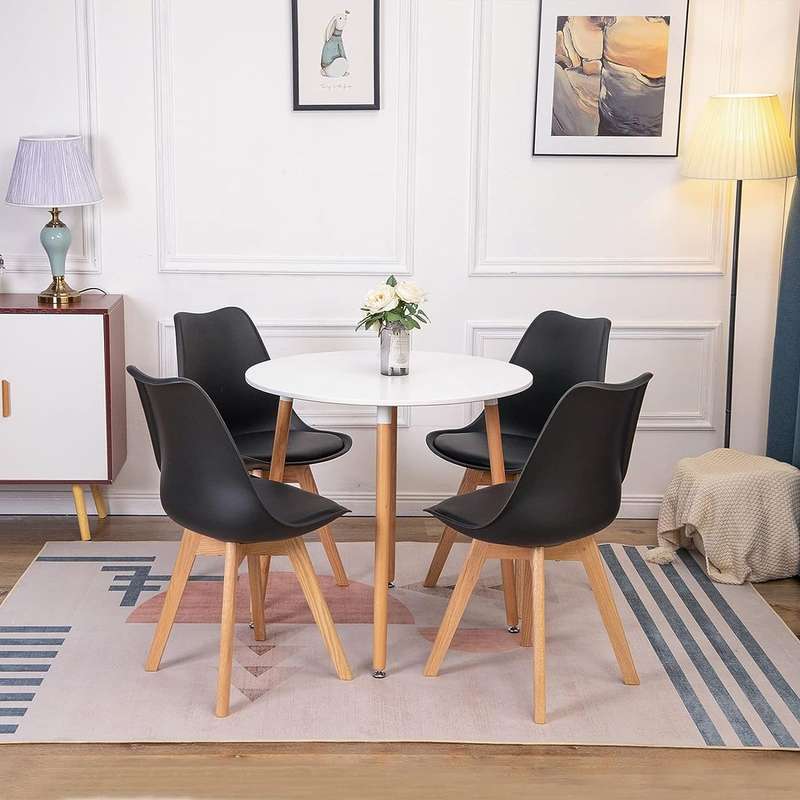 Dining Chairs Set - 4 Pack - Soft Padded Shell Chair with Wood Legs - Black