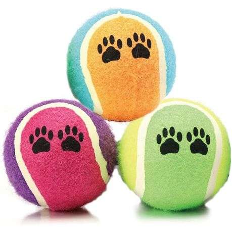 Durable Fetch Dog Rubber Tennis Balls Pawprint Bouncy Chew Toys - 3 Pack