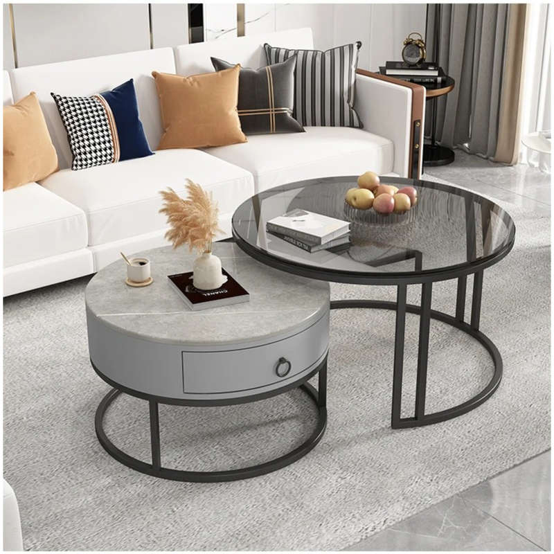 Modern Round Nesting Glass Top Coffee End Table and 1 Drawer Table