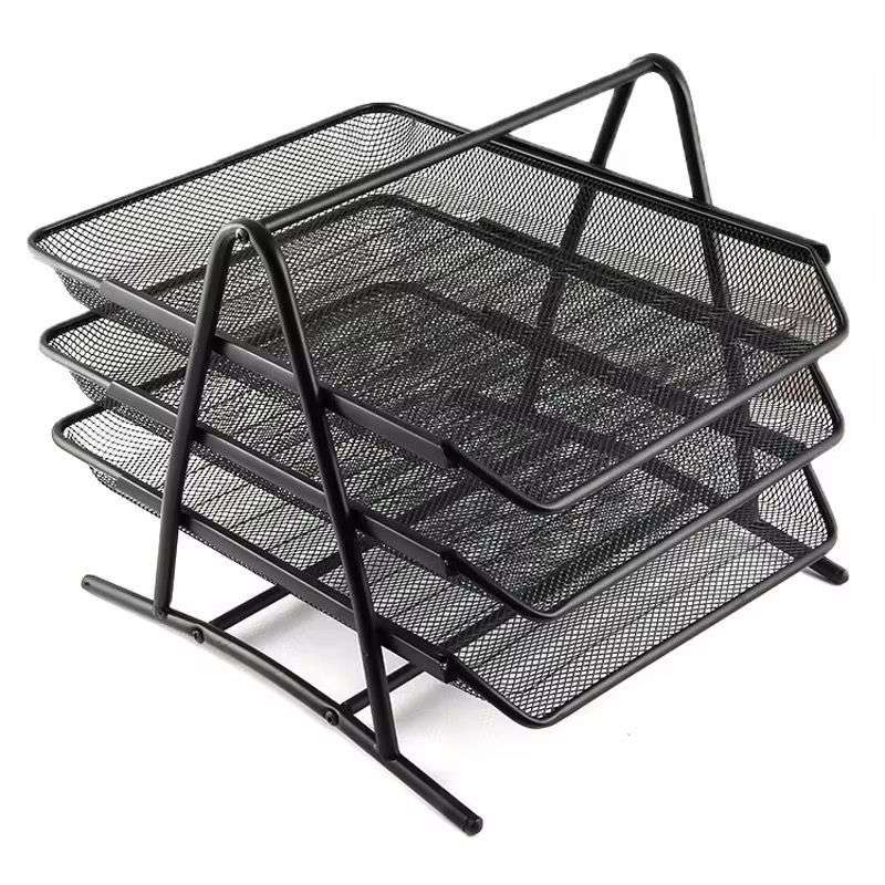 3 Tier Black Metal Mesh Stackable Desktop Document Letter Tray Organizer
