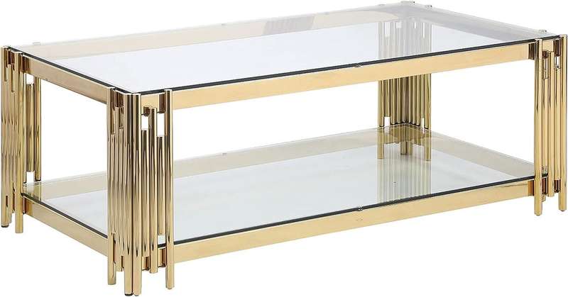 Coffee Tables - Rectangular Clear Tempered Glass Top with Gold Steel Frame