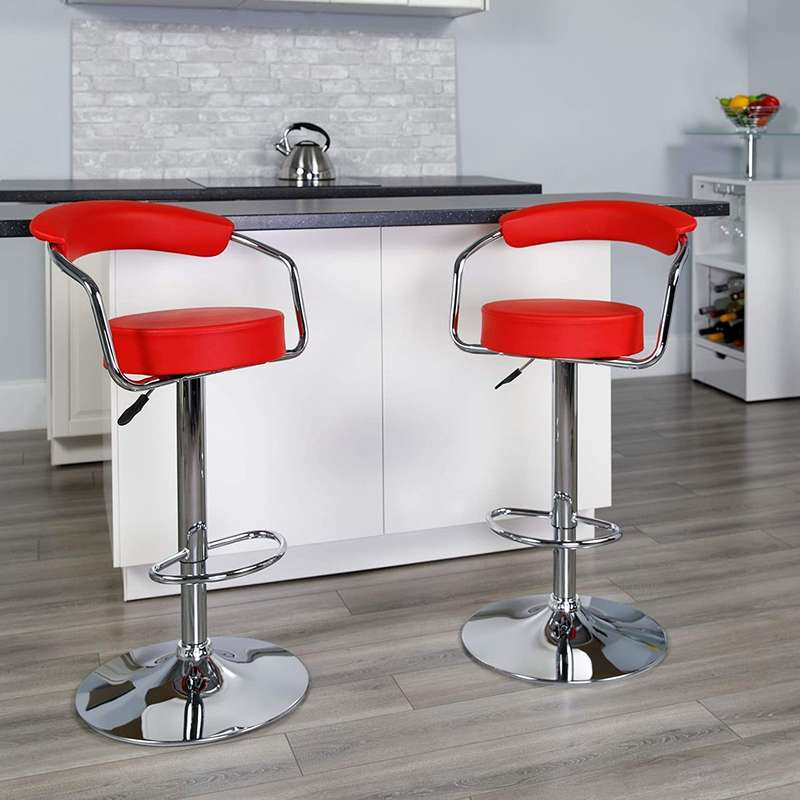 Bar Stools with Arms and Chrome Base - Set of 2 - Red Colour