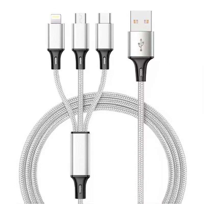 Charger Cable - Nylon Braided 3 in 1 USB A Fast Charging (SILVER)