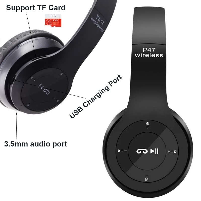 P47 Wireless Bluetooth Headphones - Black
