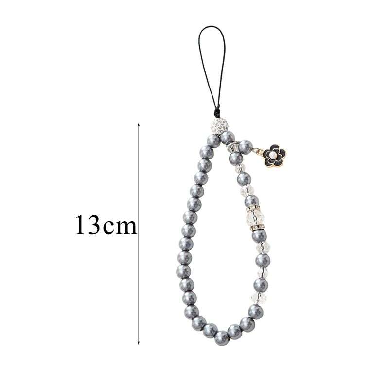 Beaded Crystal Pearls Phone Charm Chain with Patch - Black