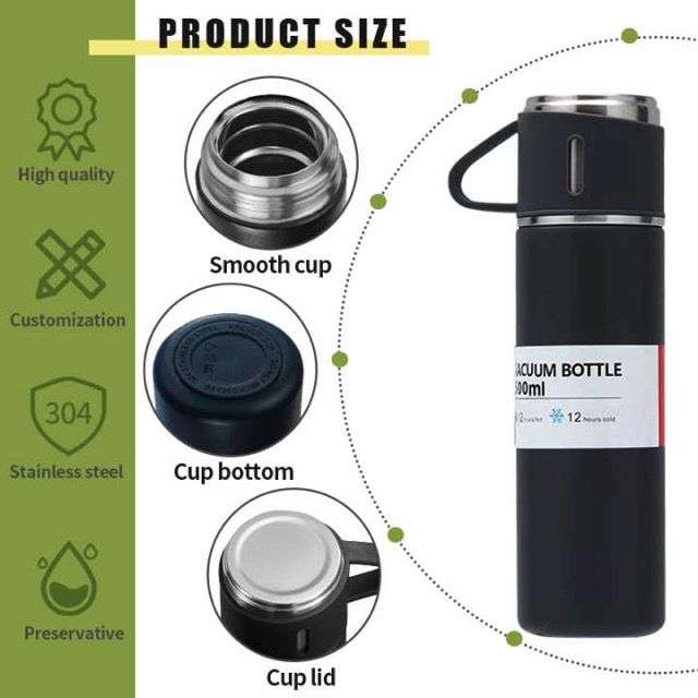 500ml Vacuum Thermos Flask With 3 Cups Set - Grey