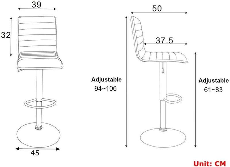 Adjustable Swivel Bar Stools-Faux Leather with High Backrest - Set of 2 - Black Colour