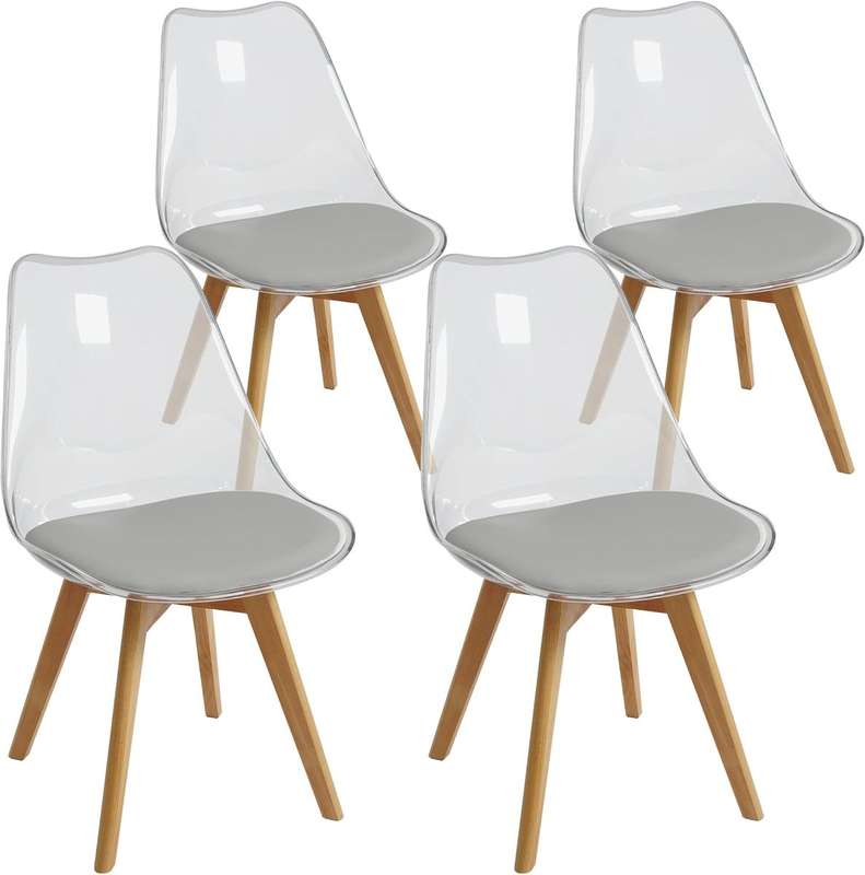 Modern transparent padded chairs with wooden legs-Black, white or grey - Grey - 6 Pack