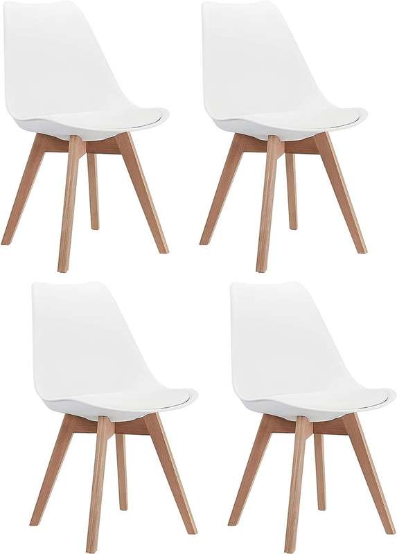 Dining Chairs Set - 4 Pack - Soft Padded Shell Chair with Wood Legs - White