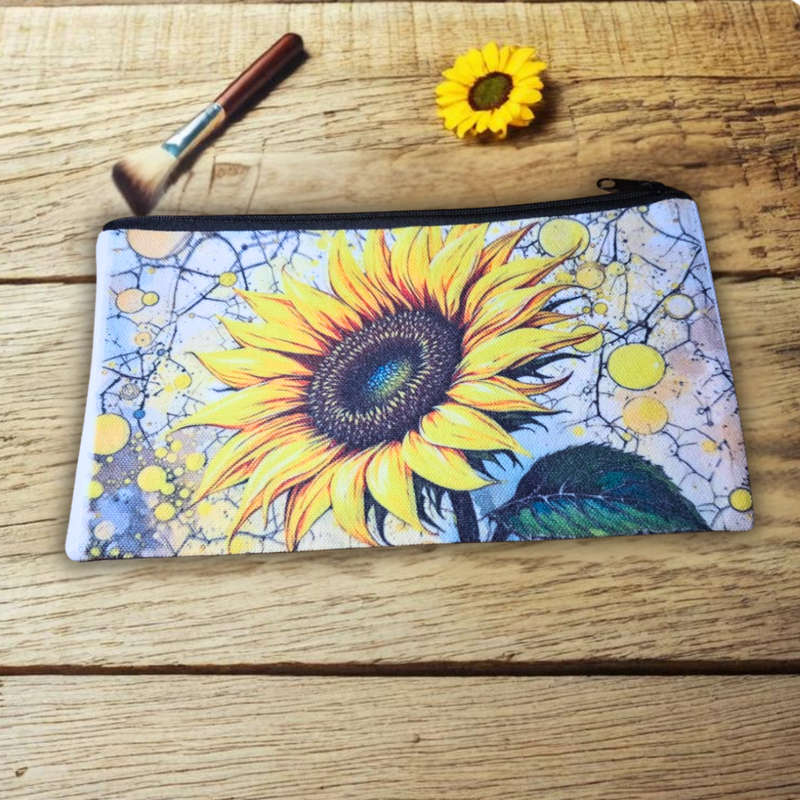 Sunflower Zipper Pouch  21x12 cm Canvas Makeup Bag with Uplifting Quote  Cosmetic, Travel &...