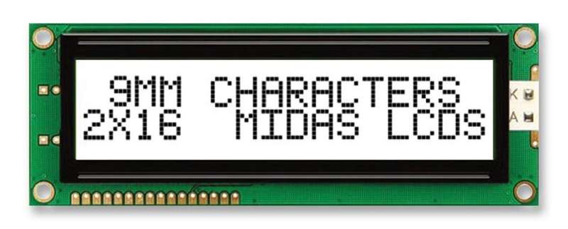 Midas (MC21609AB6W-FPTLW-V2) Alphanumeric LCD, 16 x 2, Black on White, 5V