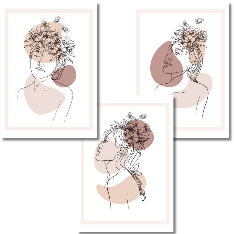 Floral Elegance  Set of 3 Minimalist Floral Line Art Canvas Prints | A4 & A3 Sizes | Modern Bo...
