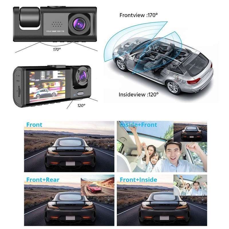 3 Channel DVR Dashcam with Front interior and Rear cameras AND 32GB TF Card