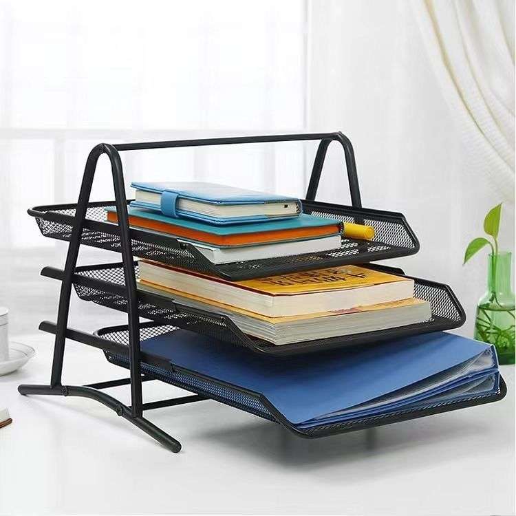 3 Tier Black Metal Mesh Stackable Desktop Document Letter Tray Organizer