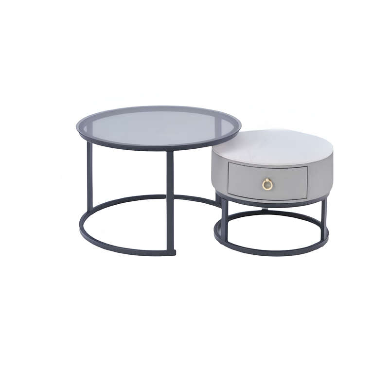 Modern Round Nesting Glass Top Coffee End Table and 1 Drawer Table