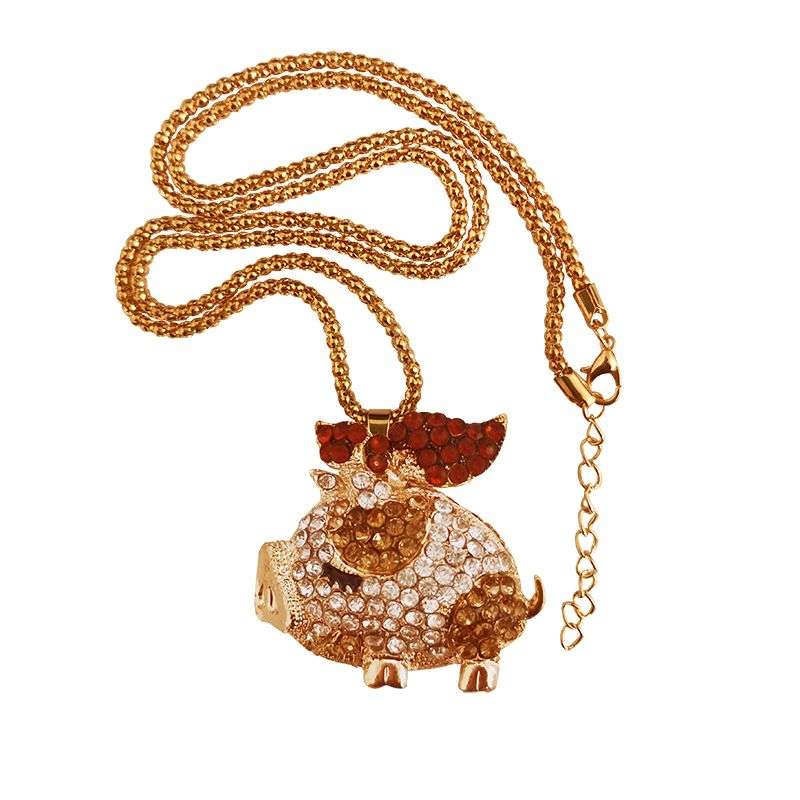 Little Pig Piggy Pendant Necklace Crystal Gift For Women - Brown/Red