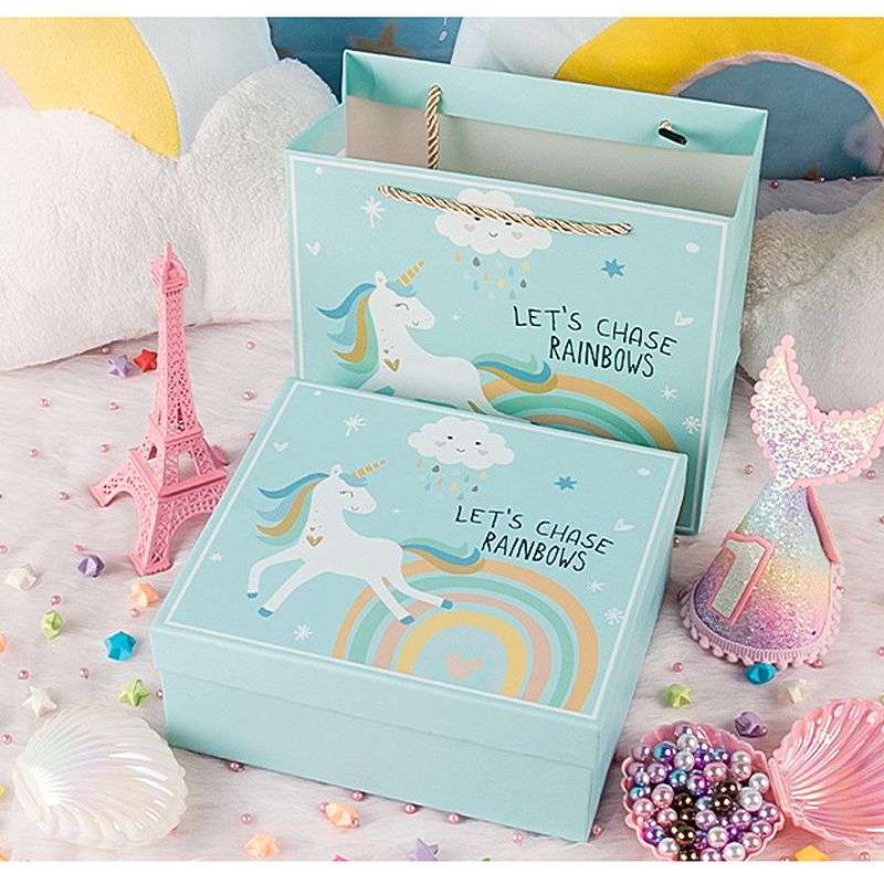 Rainbow Unicorn Gift Box With Lid And Shredded Paper Filler - Blue - S