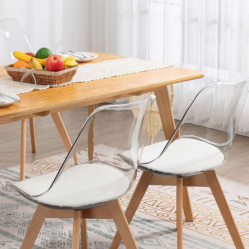 Modern transparent padded chairs with wooden legs-- White - 8 Pack