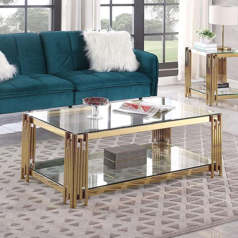 Coffee Tables - Rectangular Clear Tempered Glass Top with Gold Steel Frame