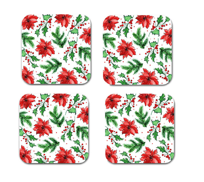 Christmas Table Decor - Wooden Coasters - Poinsettia - Christmas Wooden Coasters