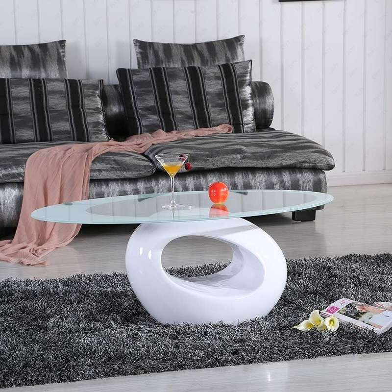 Coffee Tables - Oval Rounded Tempered Glass - White Colour