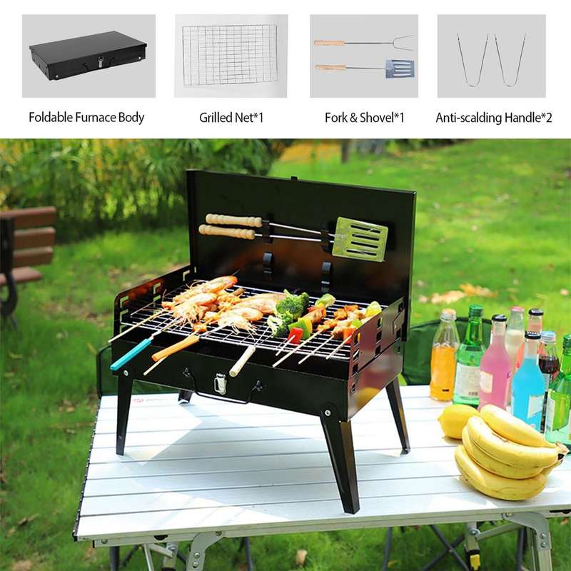 Portable Charcoal Grill Kit - Folding BBQ Grill with 1 Spatula, 1 Fork