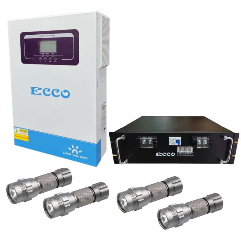 Ecco 3.5Kw Inverter with Solar and Lithium Ion 24V Battery 4 Stier Torches