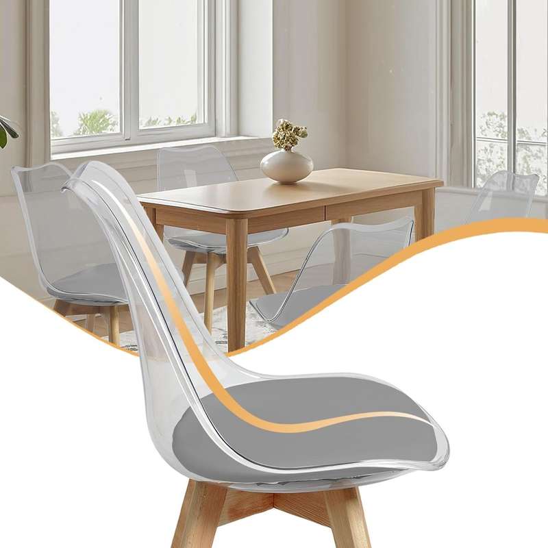 Modern transparent padded chairs with wooden legs - Grey 4 Pack