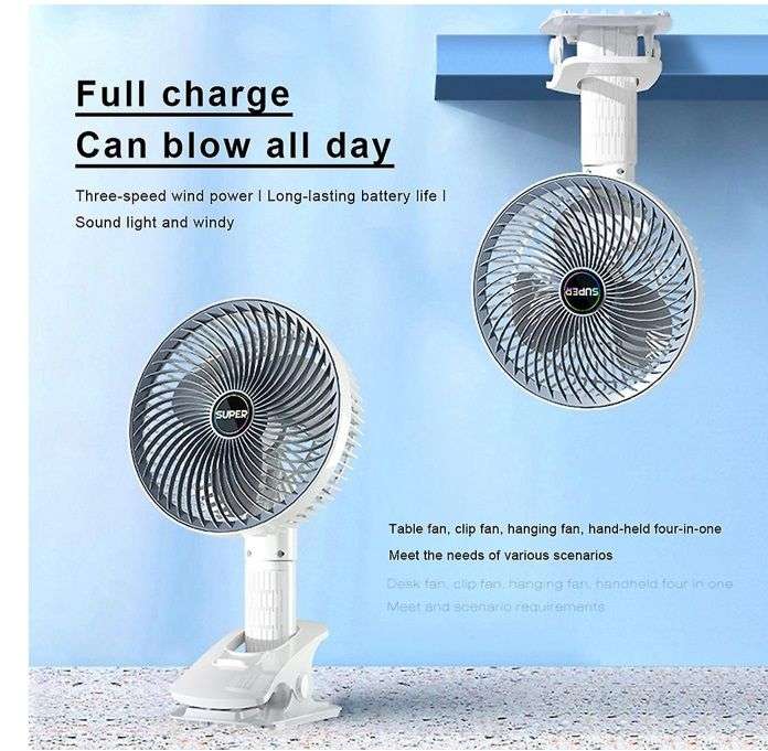 Portable Type C Rechargeable Desktop Clamp Fan - Grey