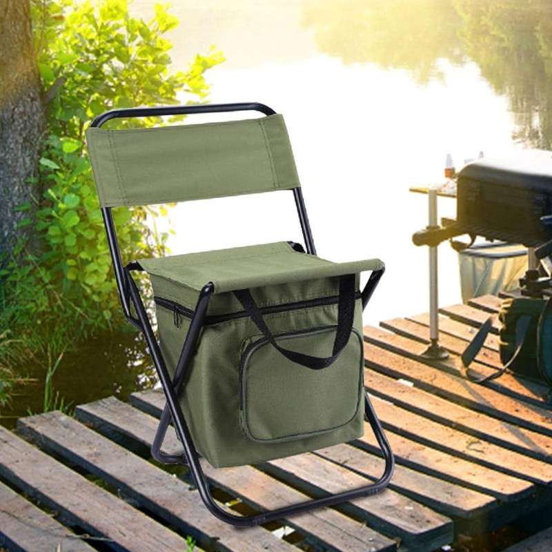 Foldable Fishing Chair & Cooler Bag Camping Sport Patio Picnic Outdoor Gift - Army Green