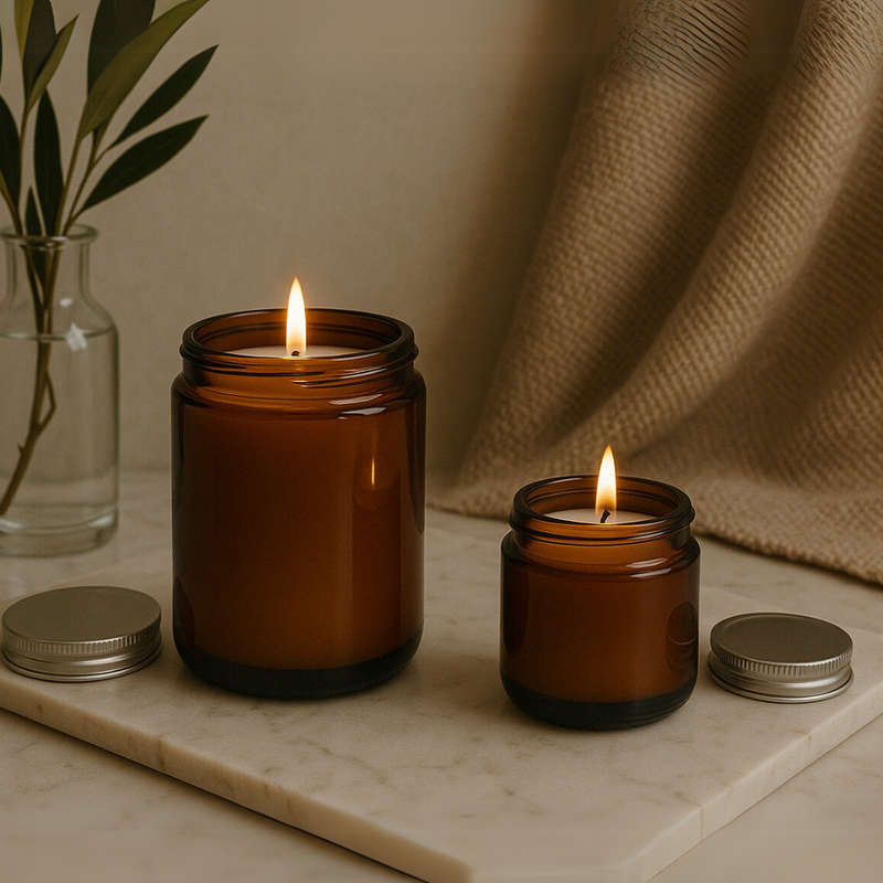 Amber Glass Candle Jars with Silver Lids  Set of 12 (6 x 200ml & 6 x 100ml) | Reusable Empty J...