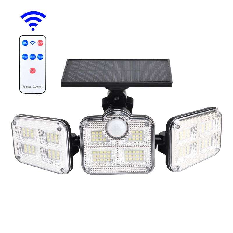 122 LED Solar Motion Sensor Outdoor Rotatable 3 Head Light with Remote 30W