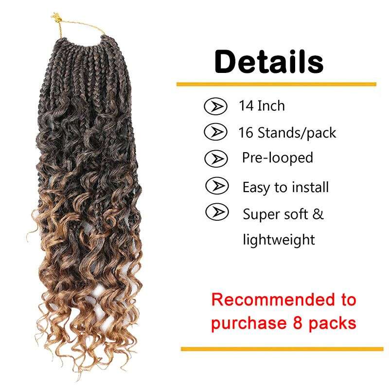 14" Goddess Box Three Braids Hair Extension Crochet Curly Hair - Brown 1B/27#