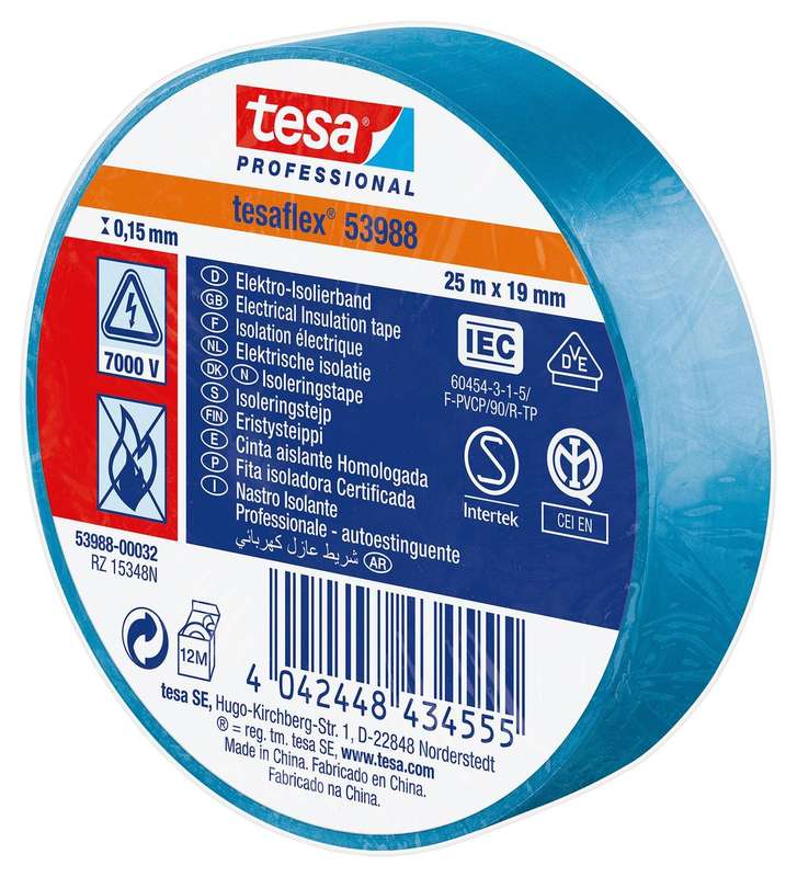 Tesa - Blue 25M X 19MM Electrical Insulation Tape, PVC, 19 mm x 25 m