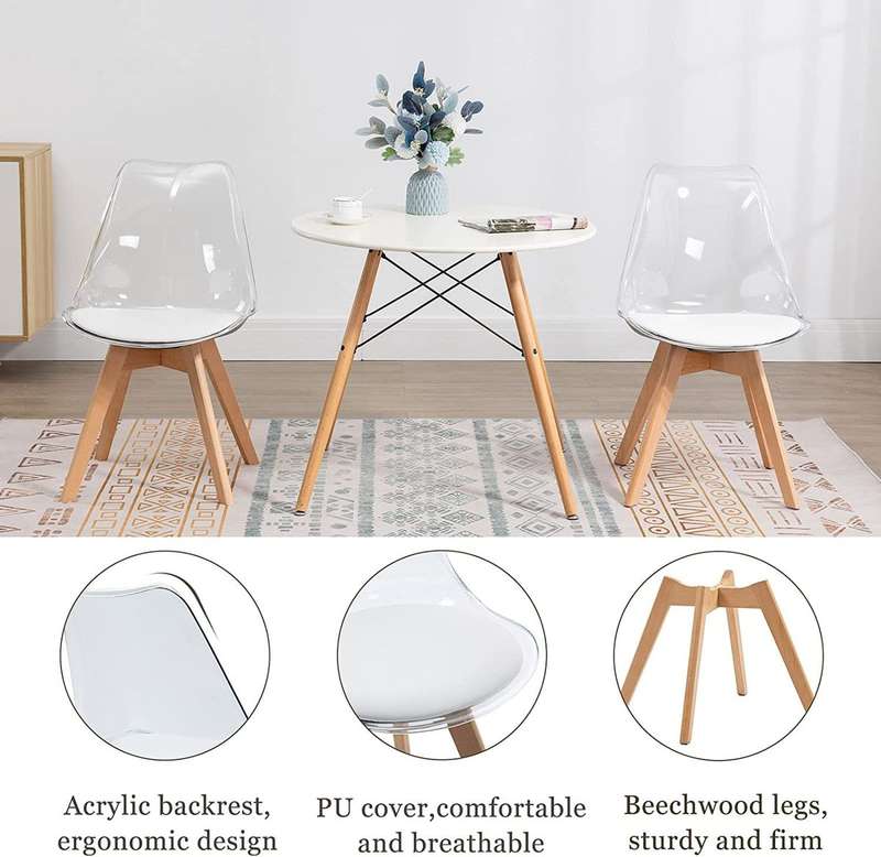 Modern transparent padded chairs with wooden legs-- White - 8 Pack