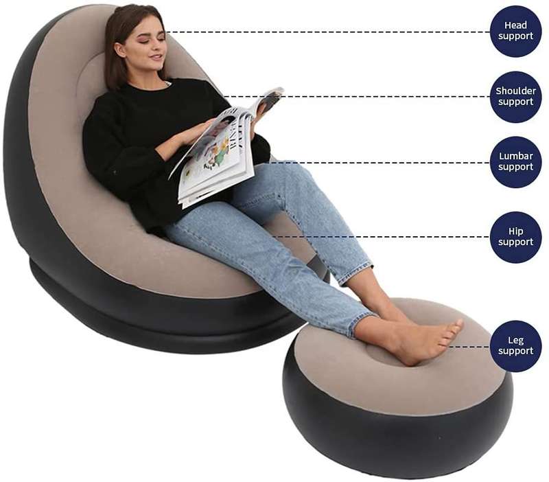 Portable Inflatable Sofa With Footrest - Beige and Black