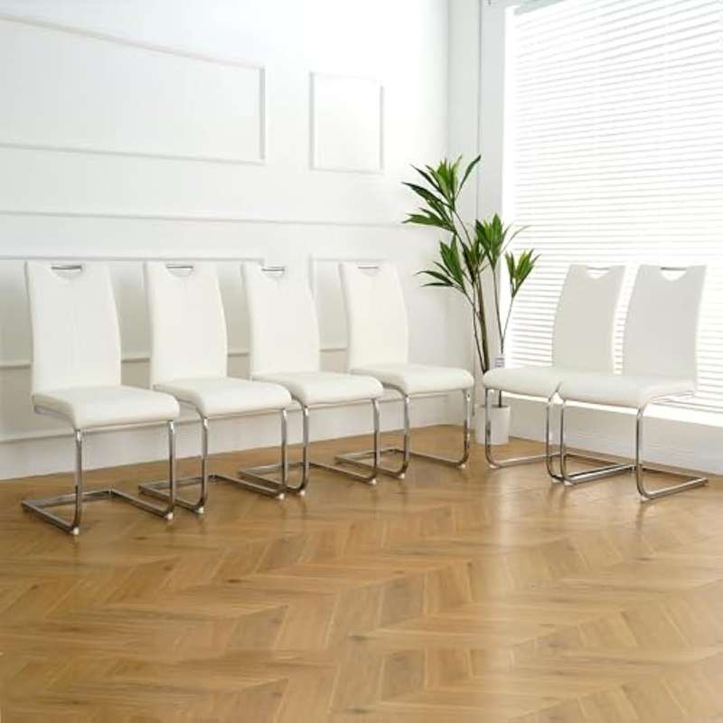 Faux Leather with Silver Metal Legs Dining Chairs - 6 Pack - White