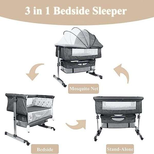 3 In 1 Bedside Baby Bassinet Sleeper Crib With Bed Nets