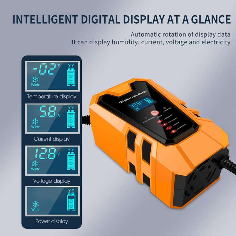 12V Smart Battery Charger with Pulse Repair Function and LCD Display