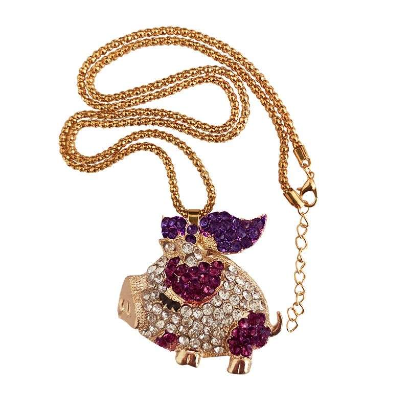Little Pig Piggy Pendant Necklace Crystal Gift For Women - Brown/Red