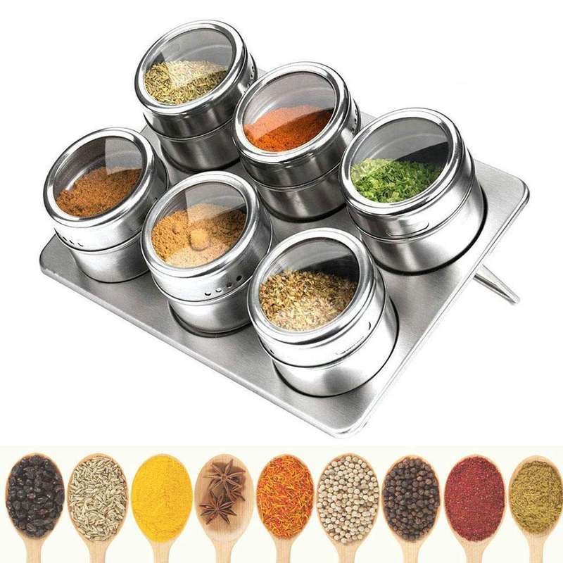 Stainelss Steel 7pc Magnetic Fridge Hang Spice Storage Jars Rack Set