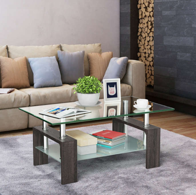 Modern two tier glass coffee table in - Grey
