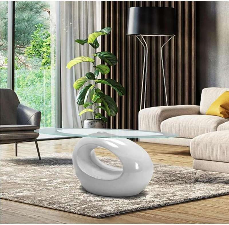 Coffee Tables - Oval Rounded Tempered Glass - White Colour