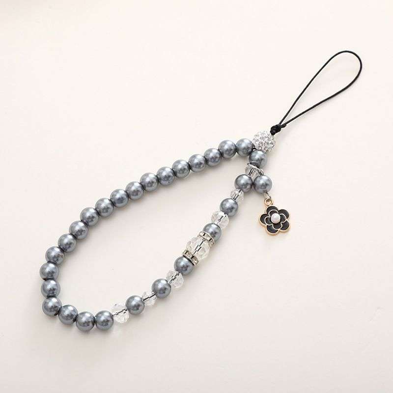 Beaded Crystal Pearls Phone Charm Chain with Patch - Black
