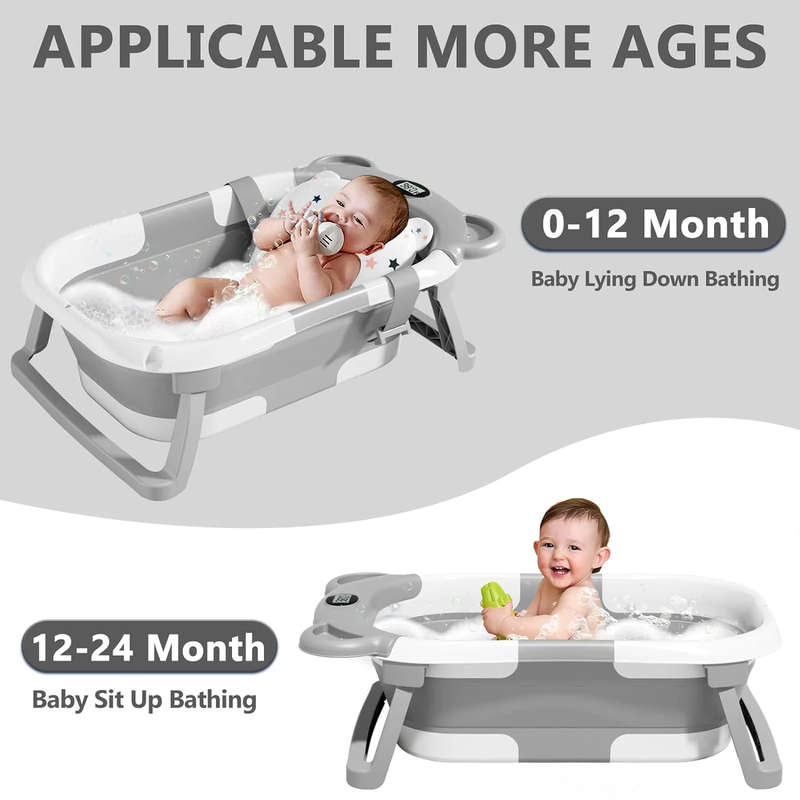 Portable Collapsible Baby & Infant Bath Tub Cushion & Temperature Sensor
