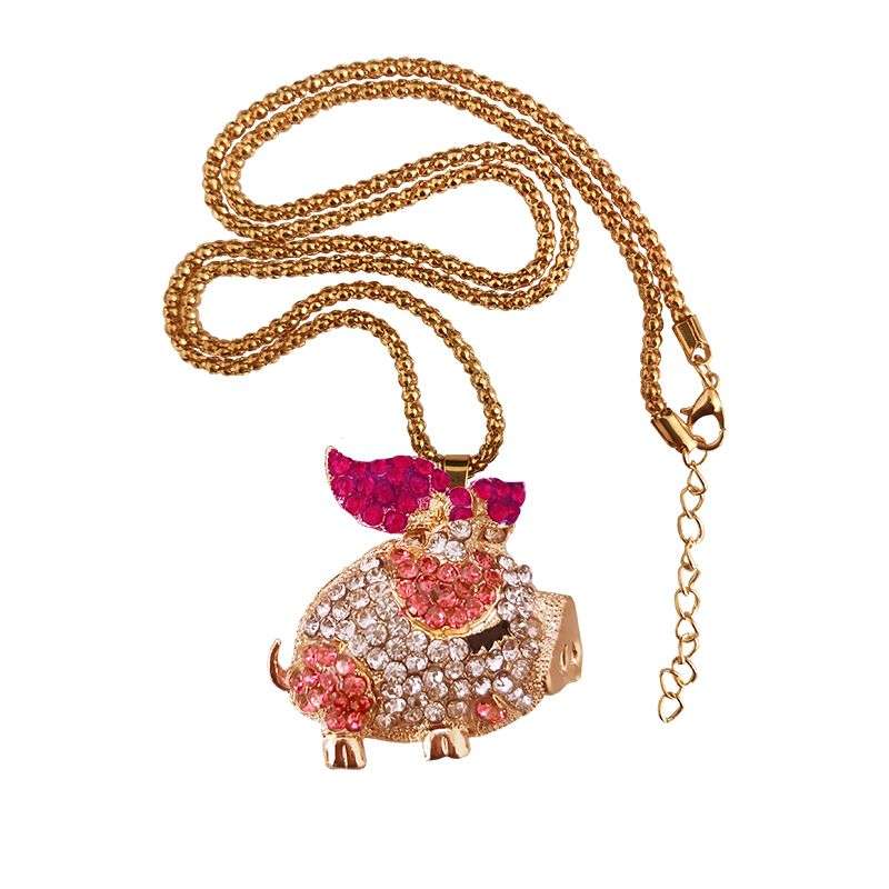 Little Pig Piggy Pendant Necklace Crystal Gift For Women - Brown/Red